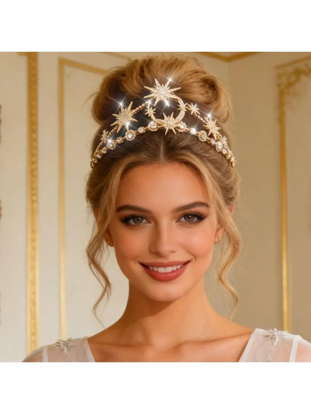 Celestial Gold Rhinestone Tiara Crown | Star Moon Hair Accessory for Women